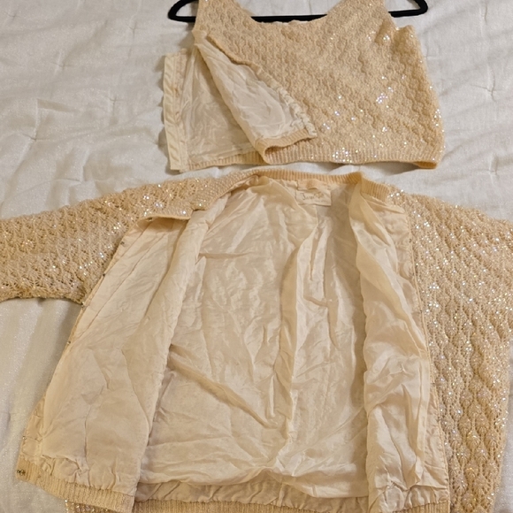 Jery Jo Elegant Vintage Hand Beaded Beige Wool Women's Cardigan 2 Pieces - Picture 7 of 16